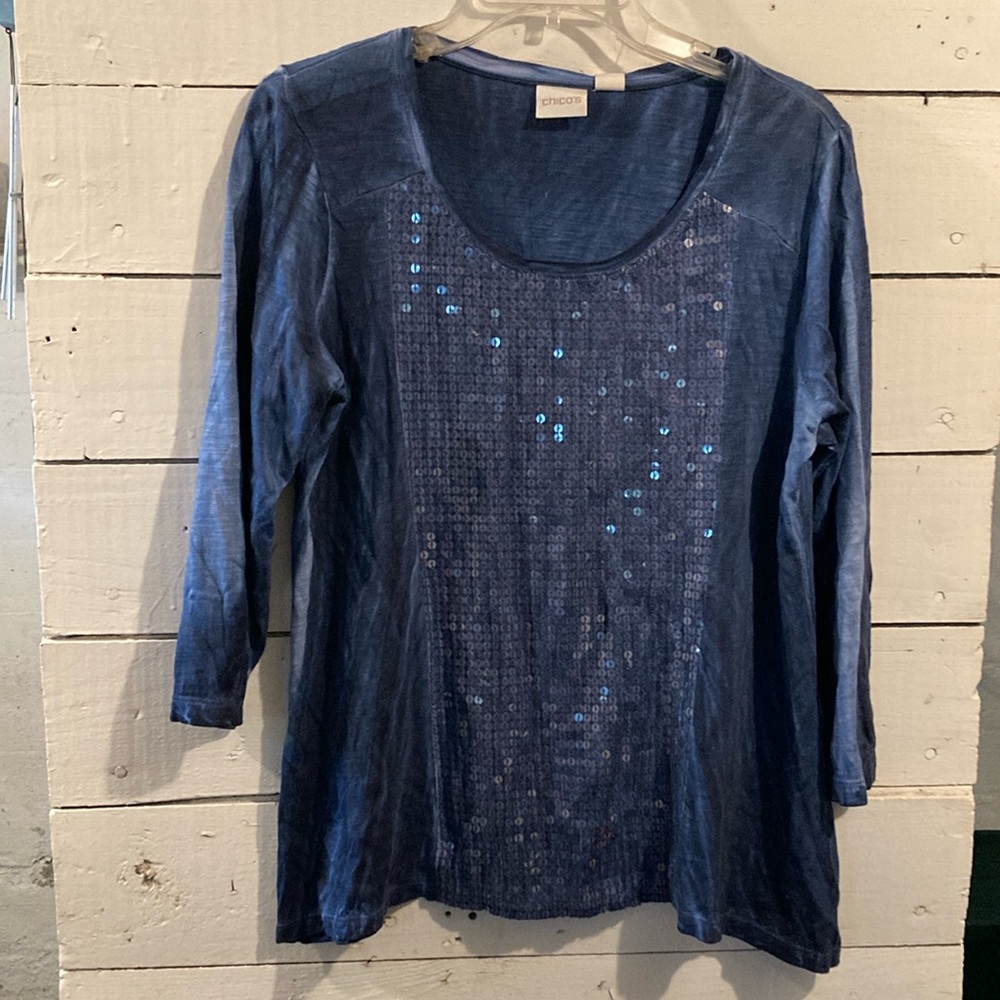 NWT Chicos Suella Sharkbite Tee, Top 3/4 SLV Fashion, Colonial Blue, size 1